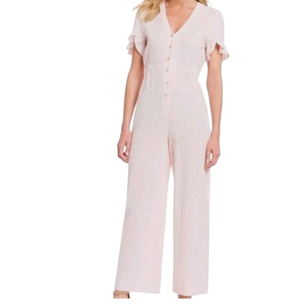 A Loves A Pink White Striped Linen Blend Wide Leg Ruffle Sleeve Jumpsuit Large